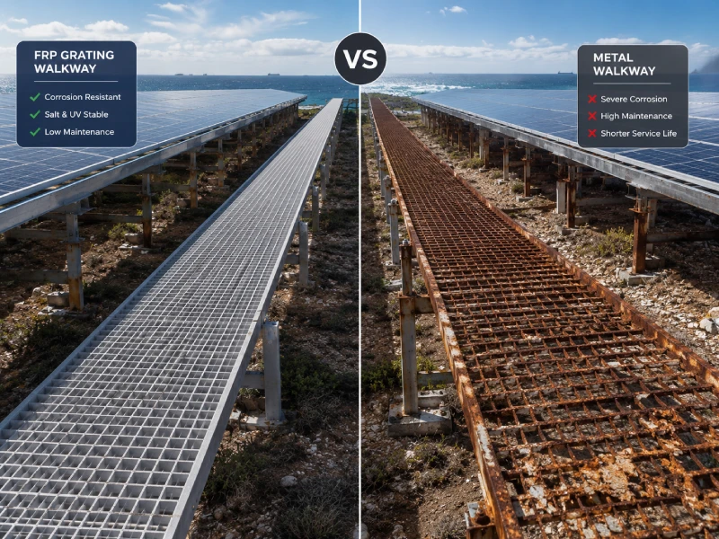 Proč je FRP mřížka nejlepším materiálem pro PV O&M chodníky (FRP solární mřížka vs kov)