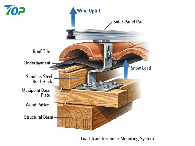 Cross-section of solar roof mounting system showing S-shaped hook, base plate, rail, and wooden rafter, based on reference image