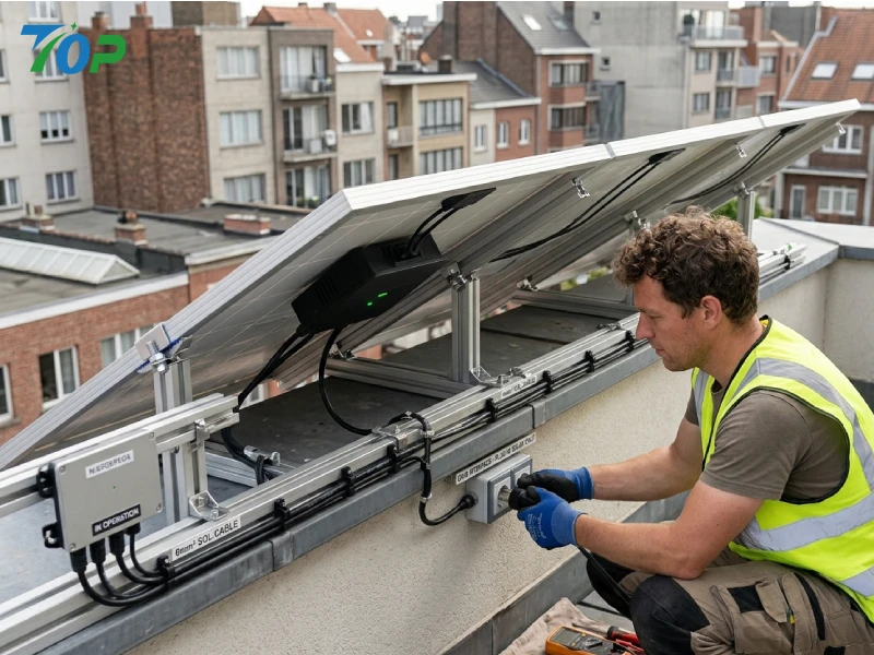 Engineer connecting plug-in solar system AC interface on residential balcony installation